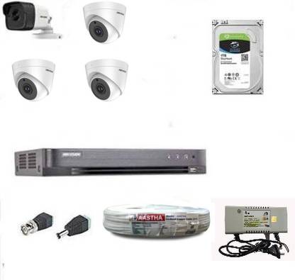 HIKVISION Full HD 5MP Cameras Combo Kit 4-Ch HD DVR with 1 Bullet Cameras, 3 Dome Cameras, 1TB Hard DISC, Wire Roll, Supply and All Required Connectors (Black) Security Camera