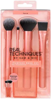 Real Techniques Flawless Base Makeup Brush Set of 4 Synthetic Bristles Includes: Contour, Detailer, Buffing & Square Foundation Brushes