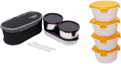 Carrolite Classic Word Black-Grey Lunchbox+Pack of 4 Unique-Yellow Container 7 Containers Lunch Box