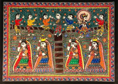 Creative Zone Radha Krishna with gopis Madhubani Canvas Painting Canvas 24 inch x 34 inch Painting