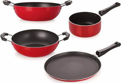 NIRLON Non-Stick Aluminium Tawa Kadais and Sauce Pan Combo Cooking Item Non-Stick Coated Cookware Set
