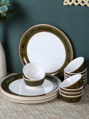 Servewell Pack of 18 Melamin Mughal Art - Olive Dinner Set