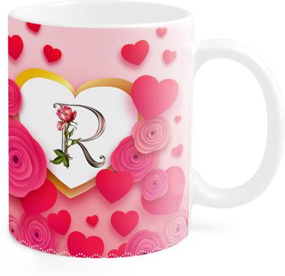 ANDV Alphabet Letter "R" Printed On Beautiful Heart-Shaped Pink Rose Frame Tea & Coffee (M-0CAB19BC0F) Ceramic Coffee Mug