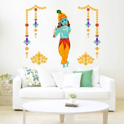 Decal O Decal 95 cm Lord Krishna Playing Flute Around Flowers group Wall Stickers (PVC Vinyl,Multicolour) Self Adhesive Sticker