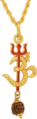 RN Gold Plated Brass Red and Golden Om with Trishul Mahadev Shymbol, Rudraksha Pendant Chain Locket Men and Women Gold-plated पीतल पेंडेंट