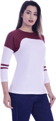 Solid Women White, Maroon T-Shirt