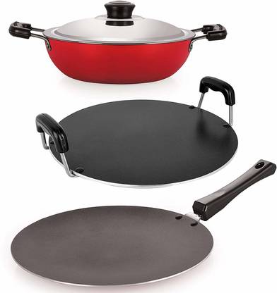 NIRLON Heat Resistance 3 Piece Non-Stick Coated Kitchen Item Set Stainless Steel Lid(Black & Red_Combo Set) Non-Stick Coated Cookware Set