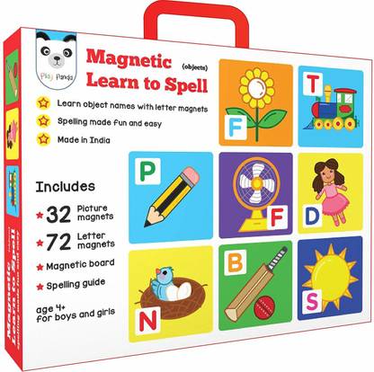 PLAY PANDA Magnetic Learn to Spell : Objects with 32 Picture Magnets, 72 Letter Magnets, Magnetic Board and Spelling Guide