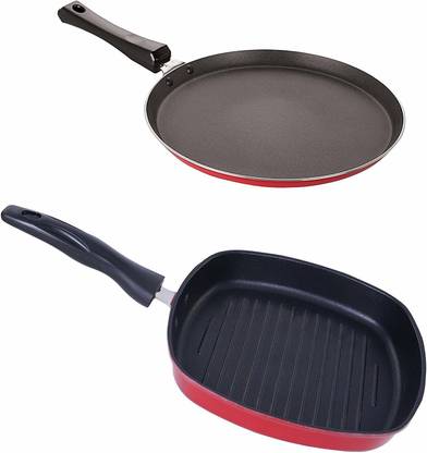NIRLON Non-Stick 2 Piece Tawa and Grill Pan Combo Kitchen Combo Item Non-Stick Coated Cookware Set