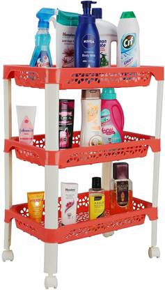 Randal Multipurpose ( 3 Layer - Rectangular ) Large Size Storage Trolley With Wheels Heavy Duty Plastic ( Multi color ) Plastic Kitchen Trolley