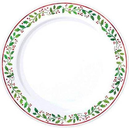Amscan Holly Christmas Plastic Dessert Plates Reusable Party Tableware (20 Pieces), White/Green, 7 1/2" [CAT_4938] Dinner Plate