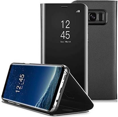 Navnika Flip Cover for Samsung Galaxy S8 Plus Mirror Clear View with Magnetic Stand Protective Cases Diamond Black