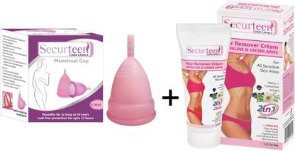 Securteen Menstrual Cup (Large, 30ml) 1pc and 1 pack of bikini line hair remover cream -perfect hygiene combo pack