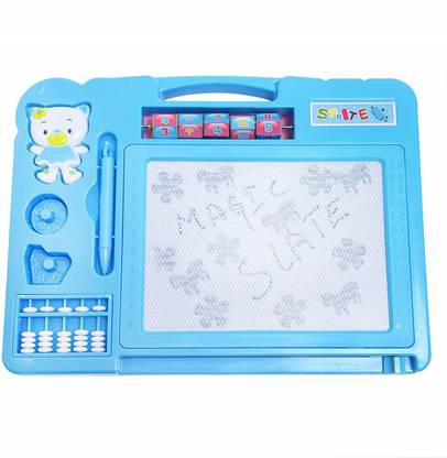 SQUIDSY Double Sided Magic Slate White Writing board & Drawing Blackboard With Chalk, Duster, Stamps & Pen for Kids