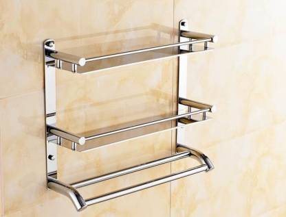 GARBNOIRE Multi-Purpose Wall Mount 2 Tier Bathroom Shelf with Towel Bar  Stainless Steel Wall Shelf