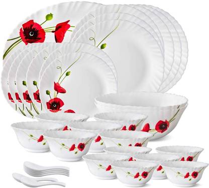 Larah by Borosil Pack of 33 Opalware Borosil Red Carnation 100% Bone ash free Dinner Set