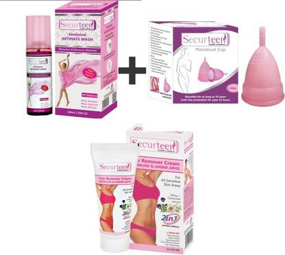 Securteen Menstrual Cup 1pc Large Reusable for Women+ 1 Bikini Line Hair Remover Crème (60g)+1 Natural Intimate Wash (100ml) (3 Items in the set) Intimate Hygiene Combo