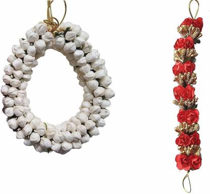 Fashsio Bridal White Mogra Gajra With Red Rose Flower Gajra Hair Accessories For Bun Maker Hair Accessory Set