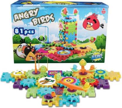 SQUIDSY New Angry Birds 81 Piece Building Block Construction Set with Interlocking gears Motorized Spinning Wheel and Multiple variations- 3D learning toy