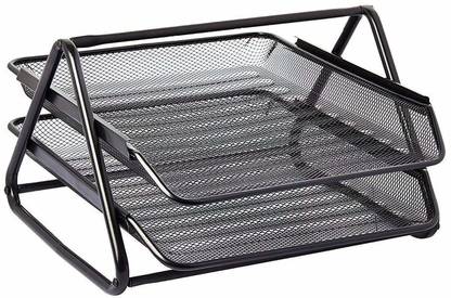 FosCadit 2 Compartments METAL Mesh 2 Tier Document File Basket for Office, 1Pc(Black Color)