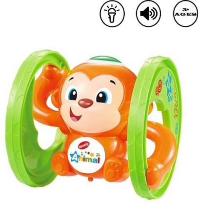 WISHKEY Wind Up Key Operated 360 Degree Rolling Monkey Toy With Light And Sound For Kids