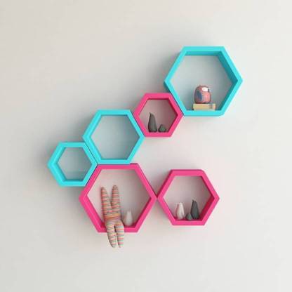iron experts® Oval Shape Set Of 6 Hexagon Designer Storage Display Unit Mate Finish Blue And Pink MDF (Medium Density Fiber) Wall Shelf