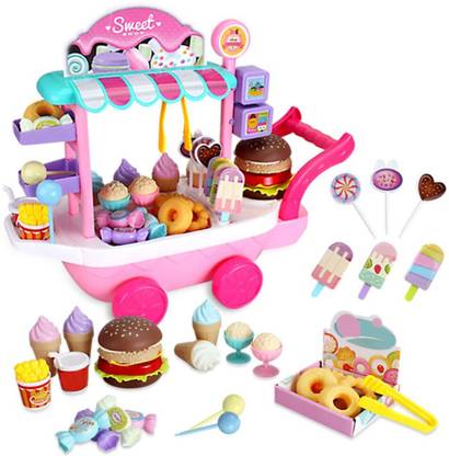 Richuzers 36 PCS Big Ice Cream Cart Sweet Candy Trolley Role Play Toy Set For Kids