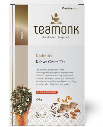 Teamonk High Mountain Kashmiri Kahwa Slimming Green Tea With Saffron Cloves, Cardamom, Saffron, Ginger Green Tea Box