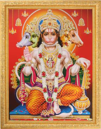 14 X 18 Inches Religious Wll Decor Silver Zari Art Work Photo of Panch Mukhi Hanuman in Golden Frame Big 
