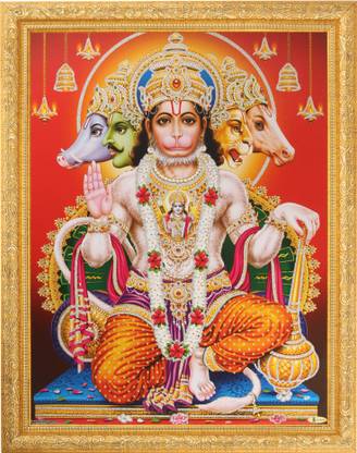 14 X 18 Inches Religious Wll Decor Silver Zari Art Work Photo of Panch Mukhi Hanuman in Golden Frame Big 14 X 18 Inches Religious Wll Decor Silver Zari Art Work Photo of Panch Mukhi Hanuman in Golden Frame Big