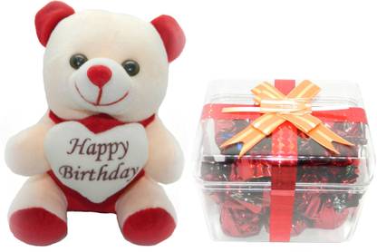 Rich'U Chocolates Square Shape Box With a Cute Happy Birthday Teddy Bear Combo