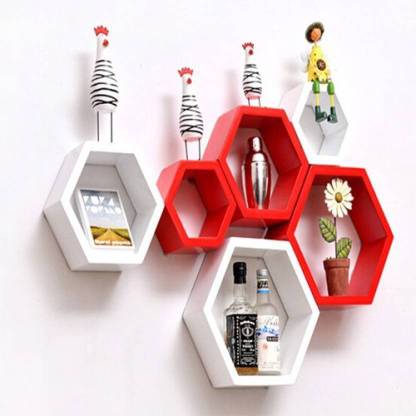 Maaz Handicrafts Red & White Hexagon Shape Storage Wall Shelves Rack Set Of 6 MDF (Medium Density Fiber) Wall Shelf