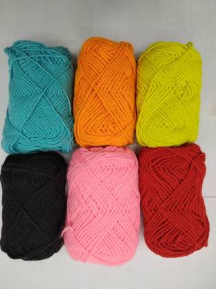 nimi creation Hand Knitting Woolen Thread Dyed pack of 6 colors (red, pink, black, yellow, light orange, and light blue )