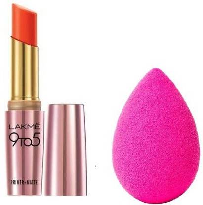लक्मे 9 to 5 Primer Plus Matte Lip Color (Vermilion Fired) with Beauty Blender