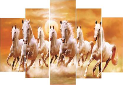 KALARKARI 5 Panel canvas art of VASTU 7 Horses, canvas art with stretched frame, 8MM mdf board art on canvas Canvas 24 inch x 40 inch Painting