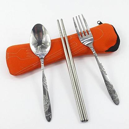 Maitri Stainless Steel Portable Cutlery Set Spoon Fork Chopsticks with Pouch Dinnerware for Travelling Business Trip Stainless Steel Cutlery Set
