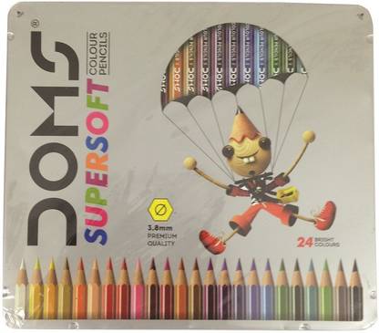 DOMS 2P Supersoft Colour Pencils 24 Shades - Flat Tin Hexagonal Shaped Color Pencils