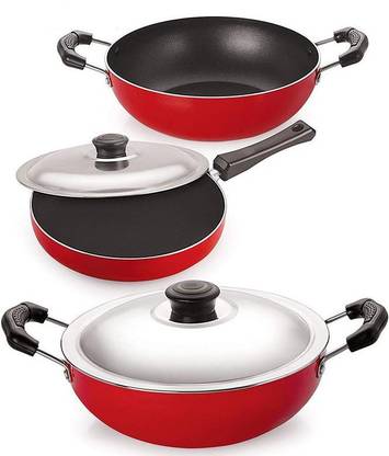 NIRLON Non Stick 3 Piece Combo Set - Kadhai ,Fry Pan, Kadhai with Lid - Aluminium Red & Black Non-Stick Coated Cookware Set