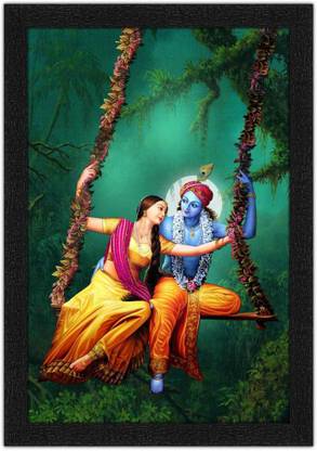 ADS Art Poster Radha Krishna Swinging In Forest Painting with Synthetic Frame Digital Reprint 20 inch x 14 inch Painting