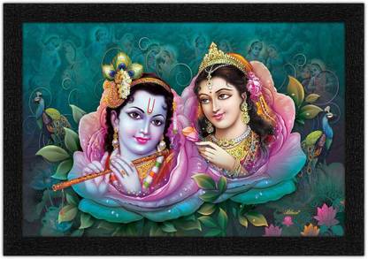 ADS Art Poster Radha Krishna Face In Blooming Rose Flower Painting with Synthetic Frame Digital Reprint 14 inch x 20 inch Painting