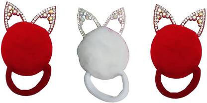 Utkarsh Pack Of 3 Pcs Premium Quality Multicolor Plain With Diamond Kitty Ear Round Cloth Girls Rubber Band