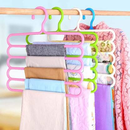 KNK 5 Layer Multipurpose Multi-Layer Hangers for Clothes | Shirts | Wardrobe | Ties | Pants | Space Saving Hanger | Cupboard | Wardrobe Organizer | Plastic Hangers (Assorted Colour) (PACK OF 5) Plastic Trousers Pack of 3 Hangers For  Trousers