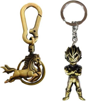 Alvika's Vintage Collection Bronze Running Horse Carabiner & Dragon Ball Z Goku's 3D Figure - Golden Key Chain