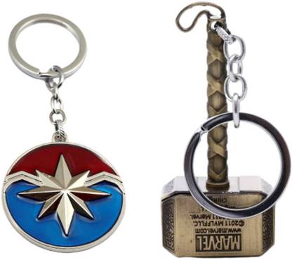 Alvika's Avangers Captain Marvel's Logo - Silver & Avangers Thor's Hammer Mjölnir - Golden Key Chain