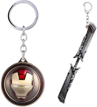 Alvika's Avangers Iron-Man's Mask Revolving Shield - Golden & Avanger Thanos's Weapon Sword Double Sided - Silver Key Chain