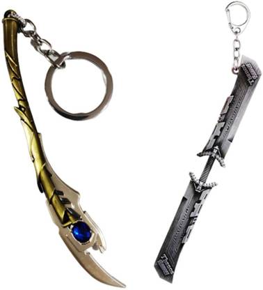 Alvika's Avangers God of Mischief Loki's Chitauri Scepter - Golden & Avanger Thanos's Weapon Sword Double Sided - Silver Key Chain