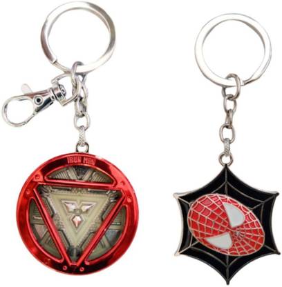 Alvika's Avangers Iron-Man's Chest Piece "Arc Reactor" & Avangers Spider-Man's Face Mask on Spider Web Revolving Key Chain