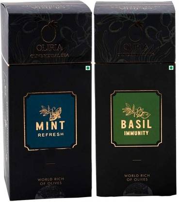 Oliria Healthy And Natural Olive Tree, Mint And Basil Flavour, 20 Tea Bags Each, (2gm Each), Set of 2 Assorted Herbal Tea Bags Box