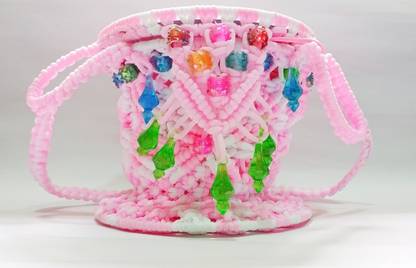 PUSHPA CREATION Makeup Box/Macrame make up Box carry all cosmetics Handmade Handicraft Vanity Round Box (Pink and White) Makeup Box Vanity Box