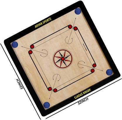 Aryan Sports ound Pocket Carrom Board with Coins,Striker &,Powder (Full-32 Inch) 4 MM Ply 5.08 cm Carrom Board